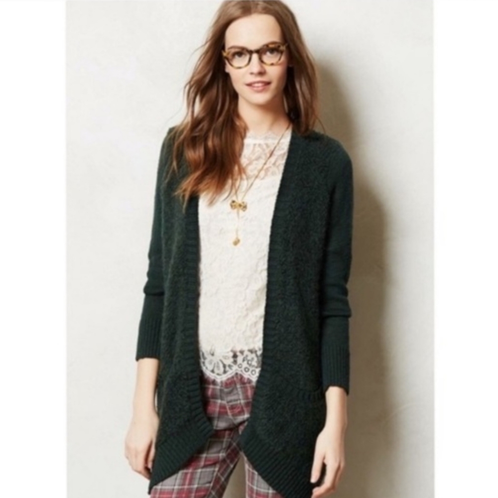 Anthropologie Sleeping On Snow Green Boucle Open Cardigan M